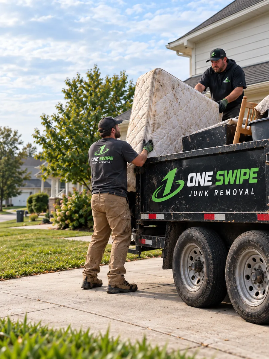 The One Swipe Junk Removal crew loading an old mattress onto the trailer