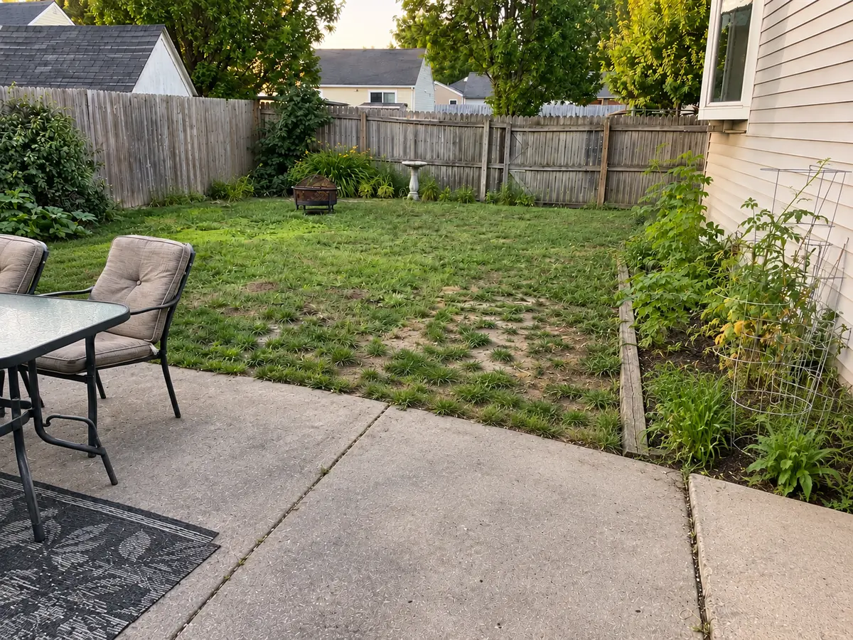 After: the same backyard and patio, cleared