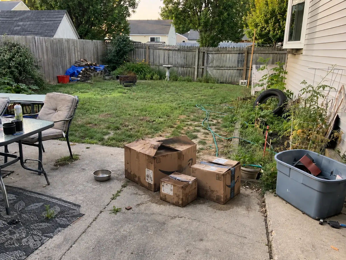Before: boxes, bins, an old tire and clutter spread across a backyard patio